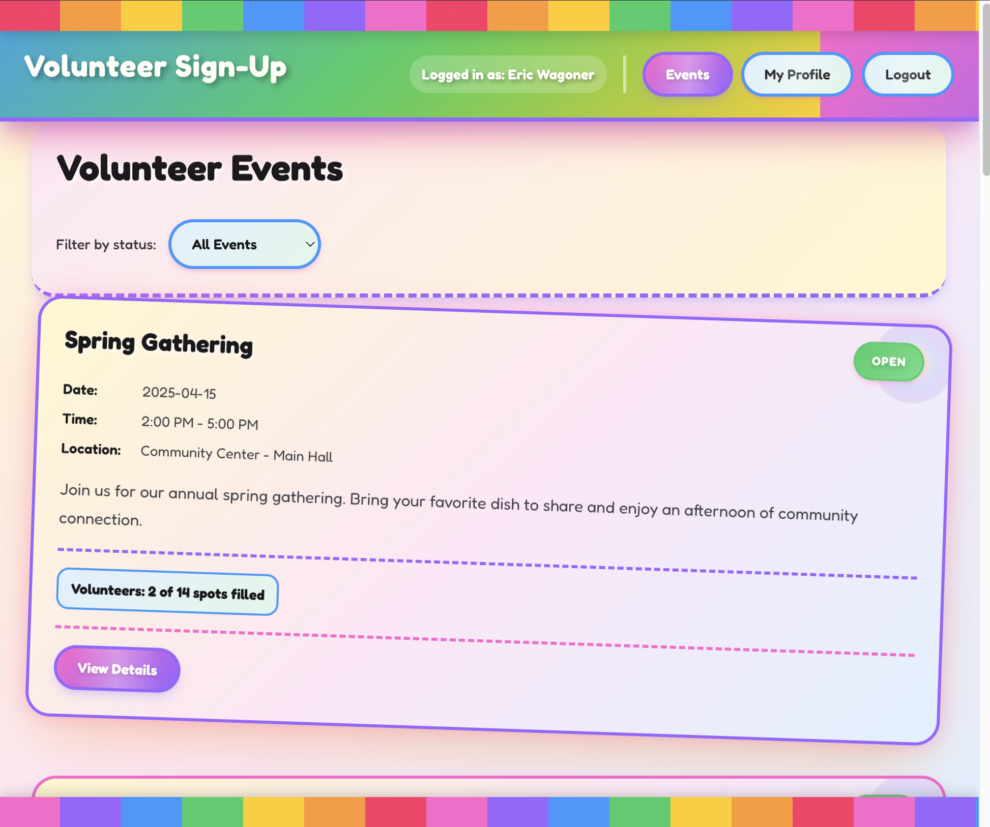 Volunteer app styled for Corporate Office Party Planning