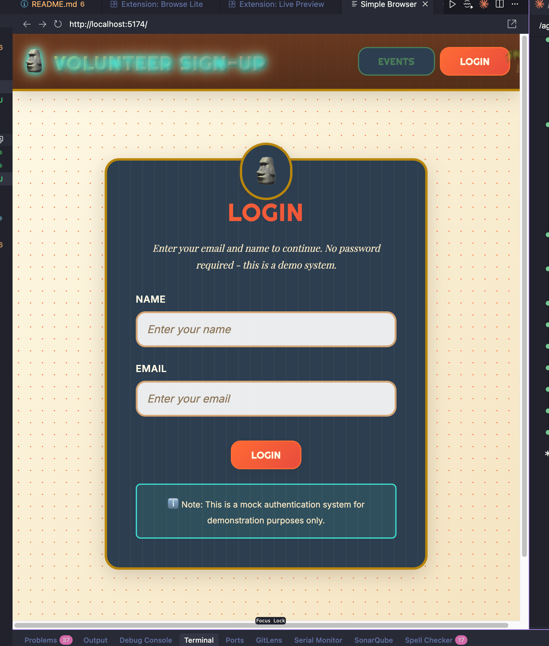 Volunteer app styled for Tiki Bar Social Club