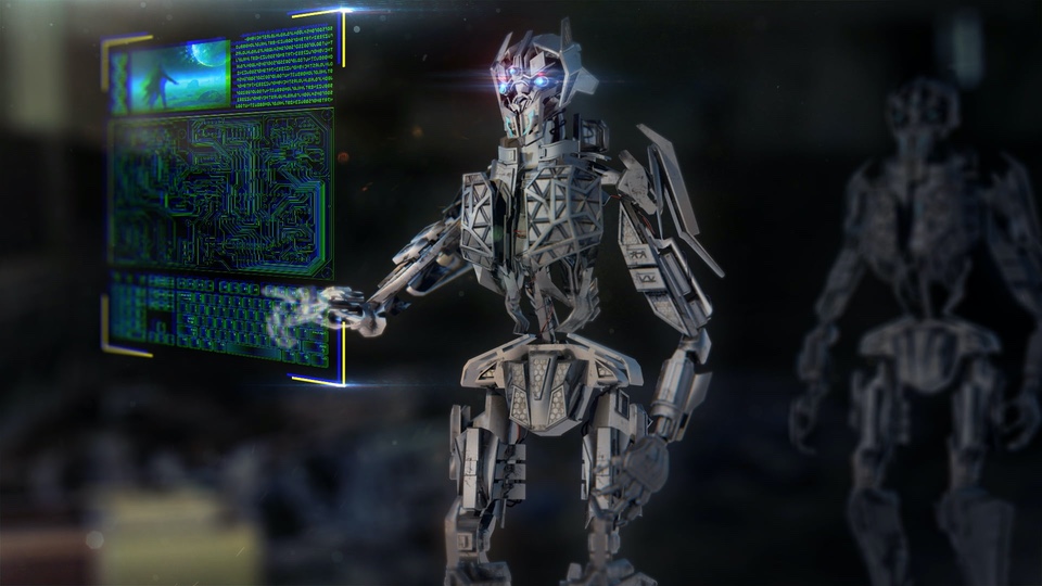 Picture of a robot typing on some sort of virtual computer