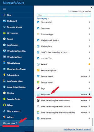 Example highlighting the Templates button from the More Services blade in the Azure portal