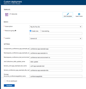 Example showing the screen to deploy an user created template inside of the Azure portal