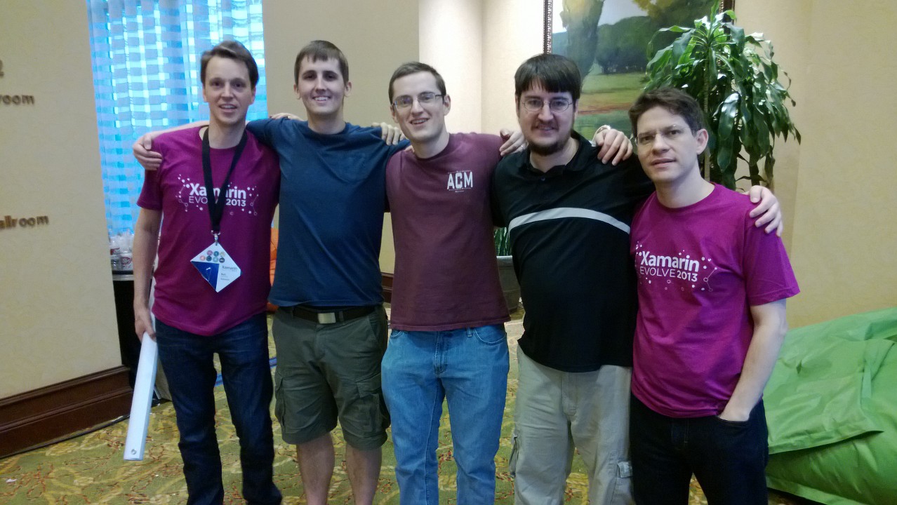 Pictured at Xamarin Evolve 2013, from left to right: Xamarin Founder Nat Friedman, Infinity Xamarin Developer Paul Zolnierczyk, Infinity Developer Alex Sparkman, Infinity Xamarin MVP Sean Sparkman, and Xamarin Founder Miguel de Icaza.